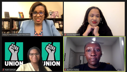 Pictured above, clockwise from top left:  Associate Dean for ABIDE and Julian Scheer Associate Professor Trevy McDonald,  Giulia Heyward, Ruth Samuel and Kamryn Hailey during the virtual panel event.