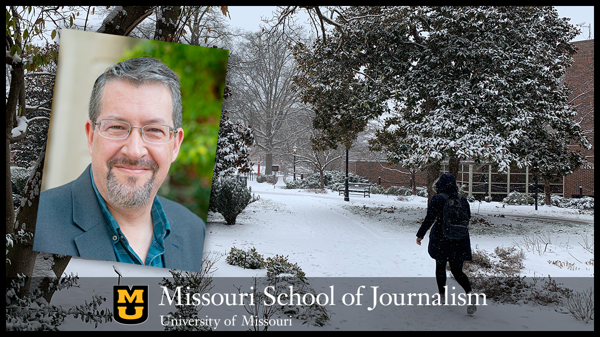 Headshot of Damon Kiesow and image of the school with snow